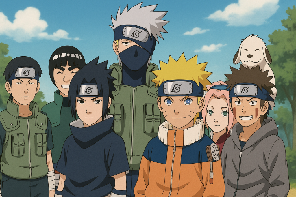 Main Naruto characters including Naruto Uzumaki, Sasuke Uchiha, Sakura Haruno, Kakashi Hatake, Rock Lee, Shikamaru Nara, and Kiba Inuzuka standing together in Konoha village with a bright sky and forest background – 2D anime illustration.