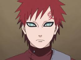 Gaara, the red-haired ninja from Naruto, with his signature gourd on his back and intense, sand-colored eyes.