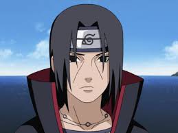 Itachi Uchiha, wearing his Akatsuki cloak with red clouds, featuring his distinctive black hair, red Sharingan eyes, and calm expression.