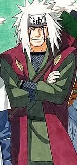 Jiraiya, the legendary ninja with long white hair, red markings on his face, and wearing a green outfit with a large scroll on his back.